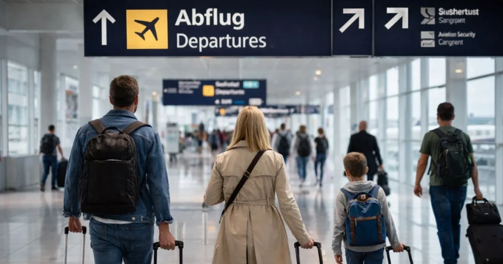 Obitelj s koferima u zračnoj luci ispod natpisa departures, simbol odlaska iz Njemačke