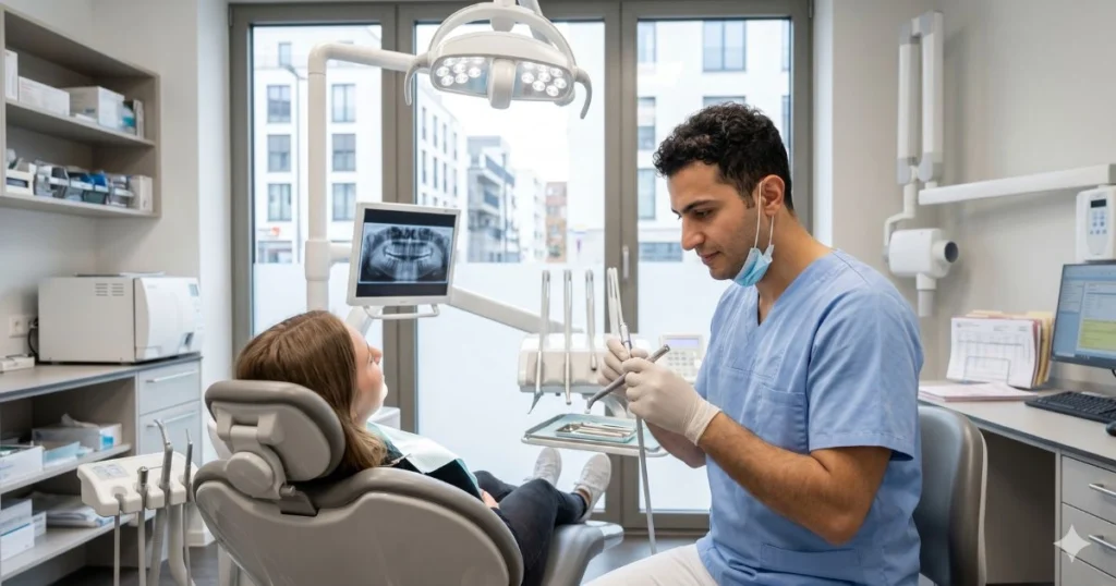 Sirijski stomatolog pregledava pacijenticu u modernoj stomatološkoj ordinaciji u Njemačkoj.