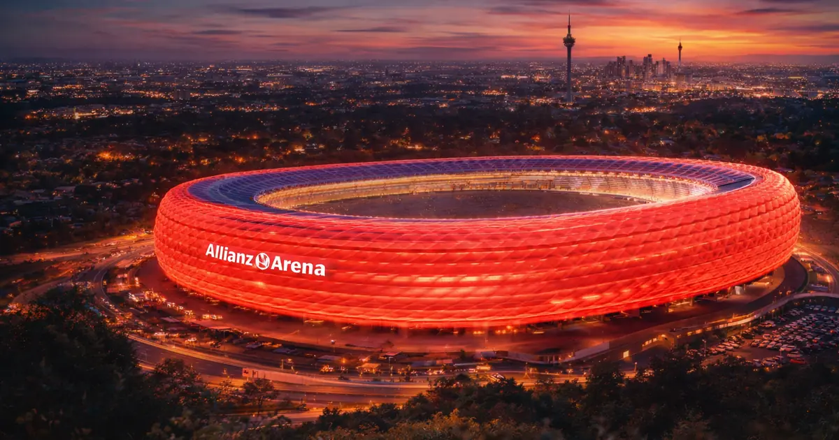 Allianz Arena u Münchenu osvijetljena crvenom bojom u večernjim satima