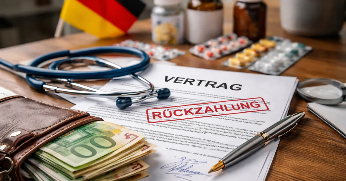 Ugovor o radu, novac i medicinska oprema na stolu kao simbol povrata troškova u Njemačkoj