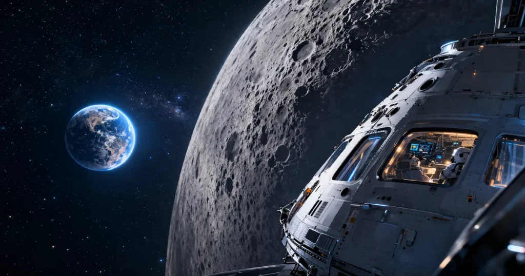 Svemirska kapsula Orion iznad Mjeseca s pogledom na Zemlju u daljini