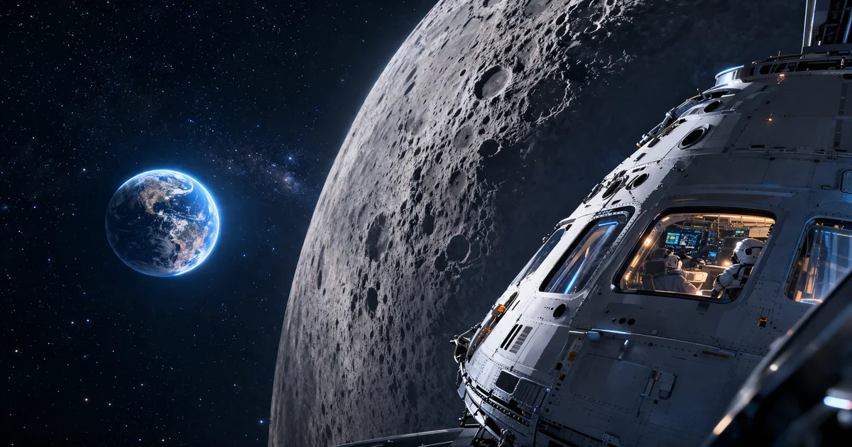 Svemirska kapsula Orion iznad Mjeseca s pogledom na Zemlju u daljini
