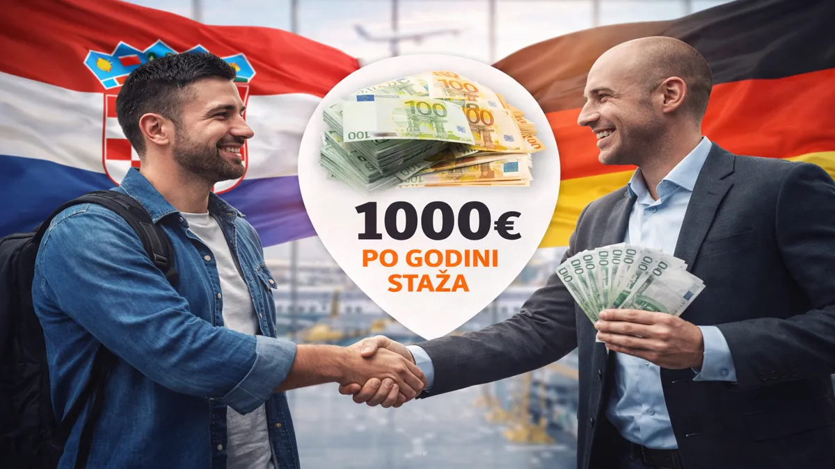 Dvojica muškaraca rukovanjem simboliziraju povratak radnika iz Njemačke uz financijski poticaj