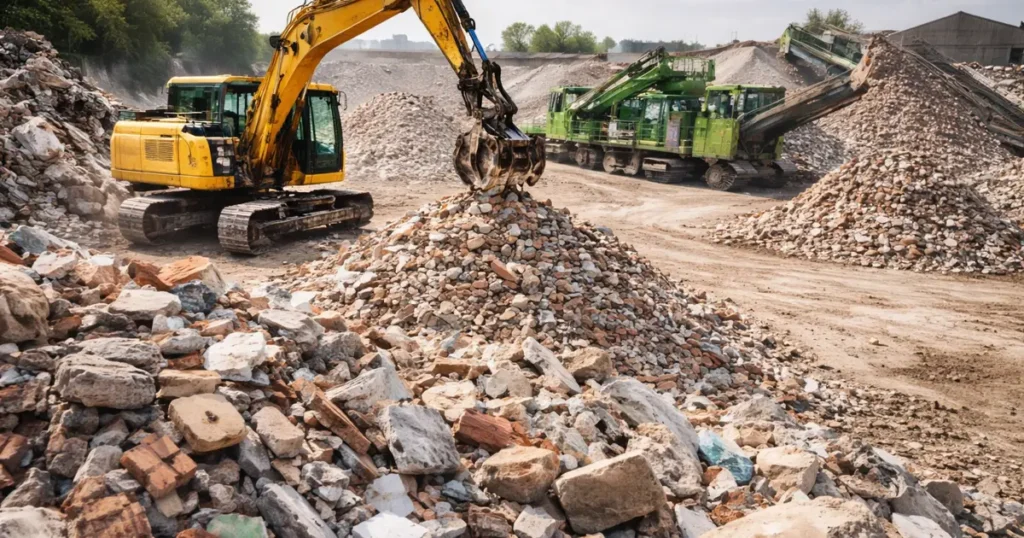 Građevinski otpad i bager na reciklažnom postrojenju u Njemačkoj