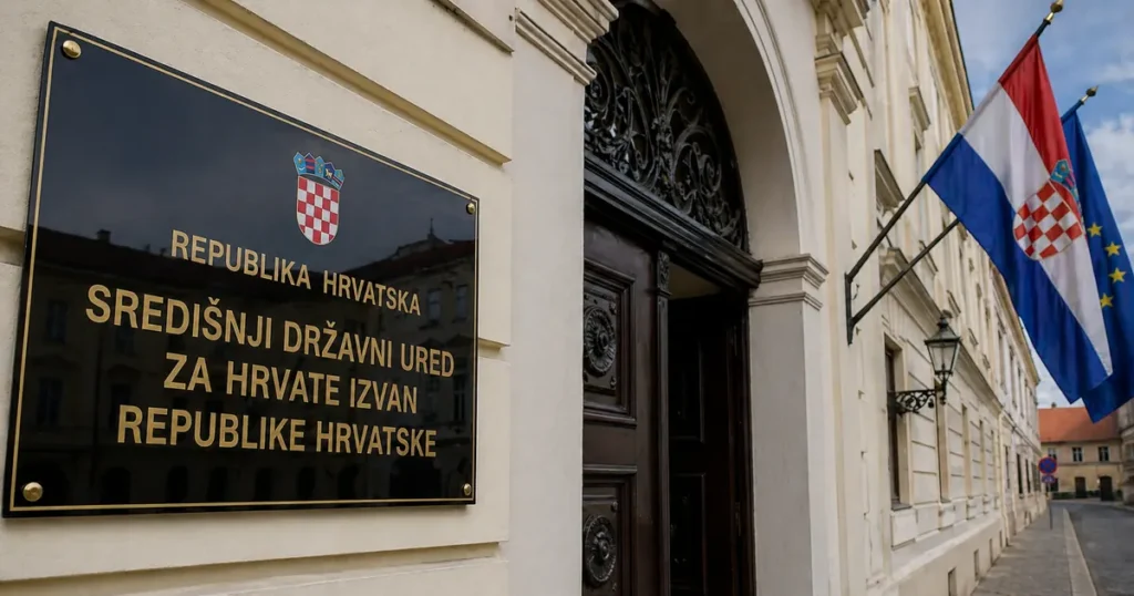 Zgrada Središnjeg državnog ureda za Hrvate izvan Republike Hrvatske s hrvatskom zastavom.