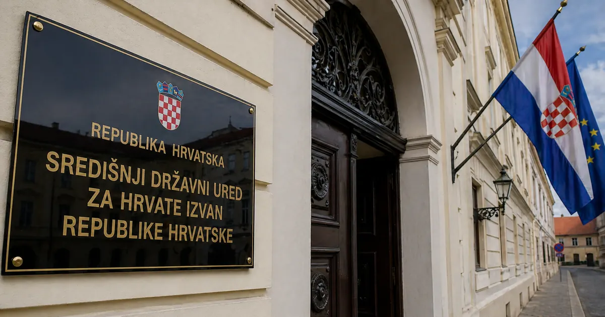 Zgrada Središnjeg državnog ureda za Hrvate izvan Republike Hrvatske s hrvatskom zastavom.