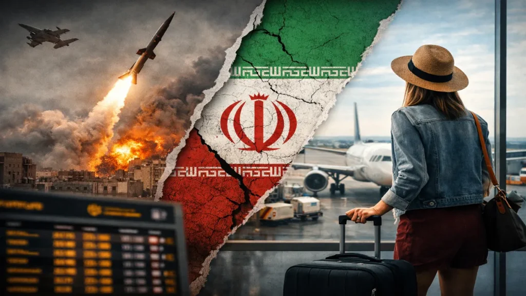 Putnica na aerodromu promatra avion dok se u pozadini simbolično prikazuje utjecaj rata u Iranu na putovanja
