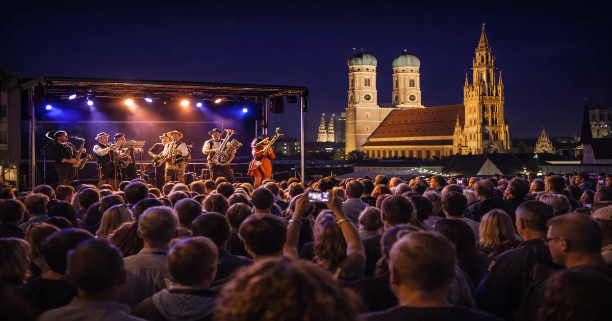 Koncert na otvorenom tijekom Lange Nacht der Musik u Münchenu uz publiku i osvijetljenu pozornicu