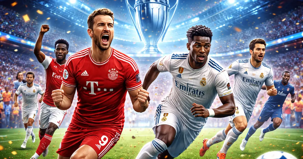 Ilustracija nogometne utakmice Lige prvaka s igračima u akciji na stadionu