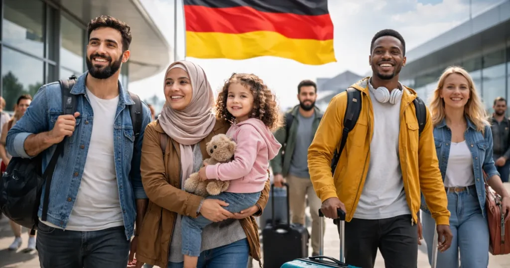 Raznolika skupina ljudi na aerodromu u Njemačkoj kao simbol migracija