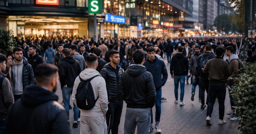 Gužva ispred željezničkog kolodvora u Njemačkoj s ljudima u svakodnevnom kretanju