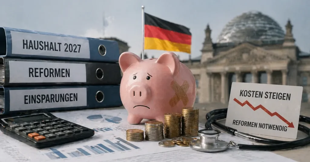 Ilustracija ekonomskih reformi u Njemačkoj s novcem, dokumentima i simbolima zdravstva