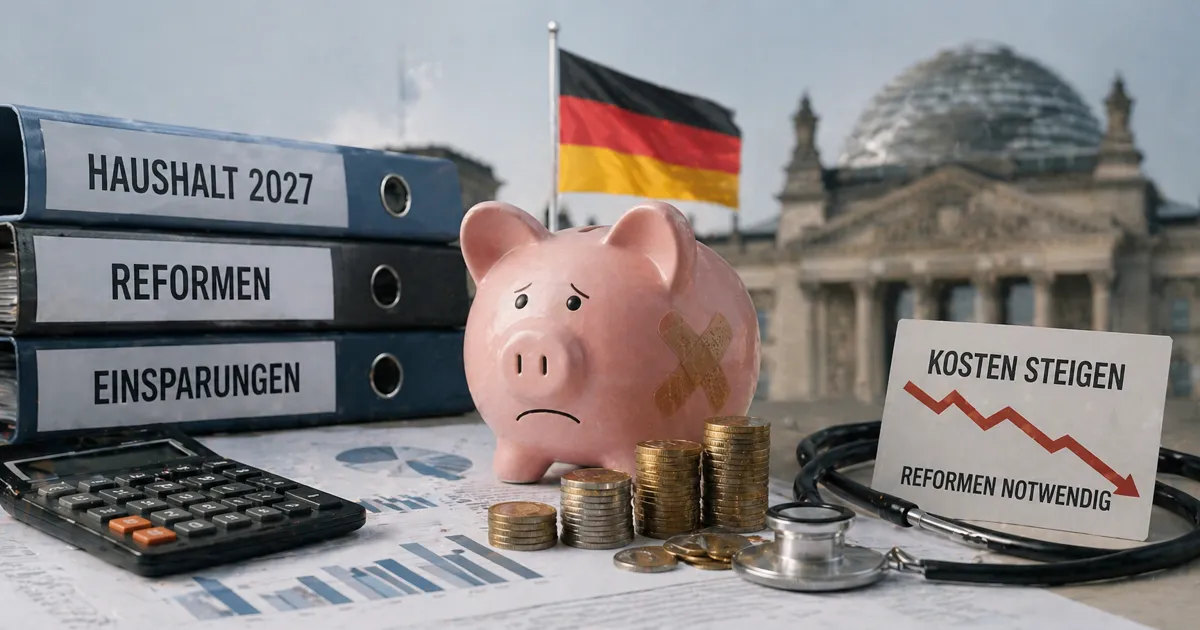 Ilustracija ekonomskih reformi u Njemačkoj s novcem, dokumentima i simbolima zdravstva