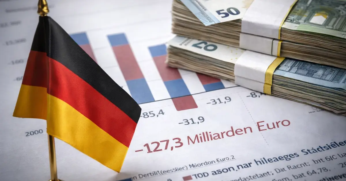Njemačka zastava i euro novčanice na financijskom izvješću s deficitom