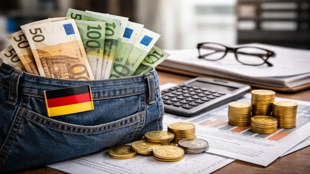 Euro novčanice i kovanice uz kalkulator kao simbol plaća u Njemačkoj