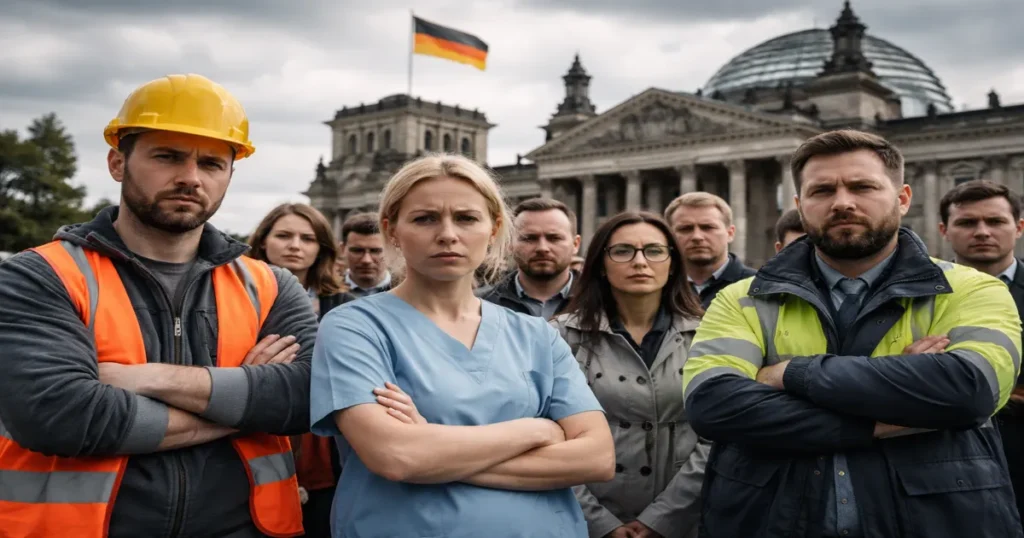 Radnici različitih profesija u Njemačkoj ispred Reichstaga s ozbiljnim izrazima lica