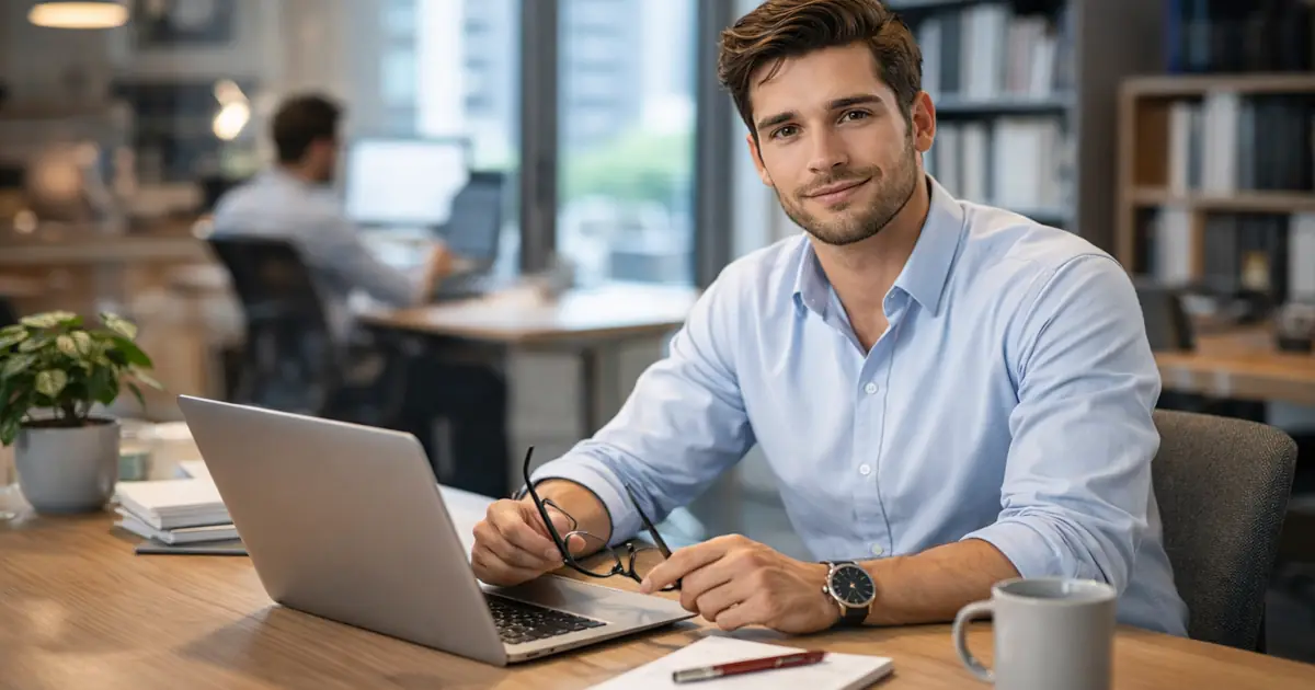 Mladi poduzetnik radi na laptopu u modernom uredu u Njemačkoj