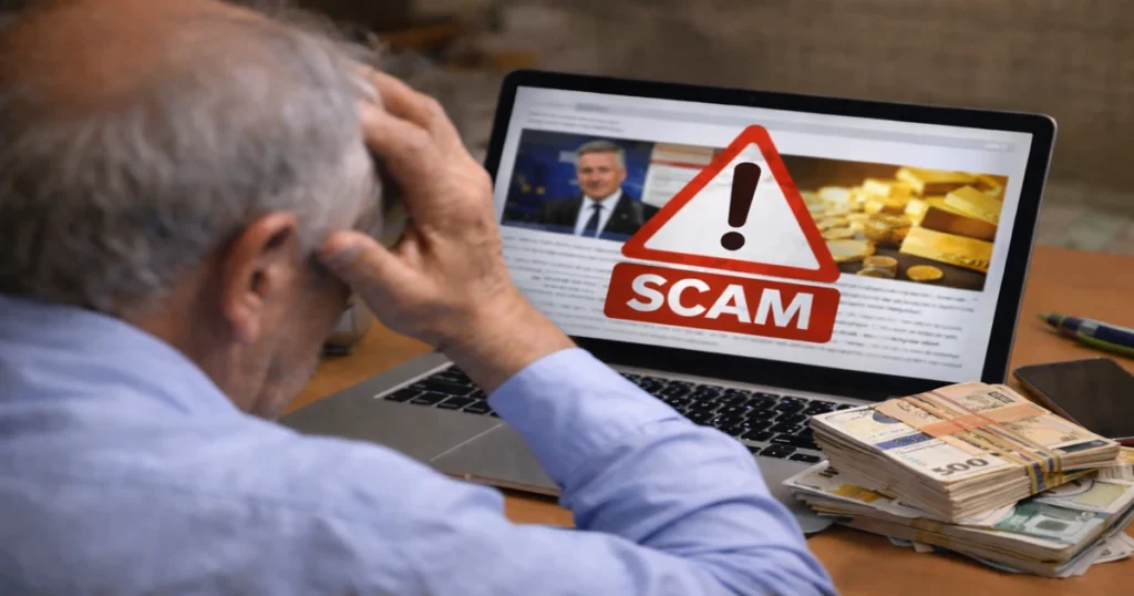 Stariji muškarac zabrinut ispred laptopa zbog internetske prijevare