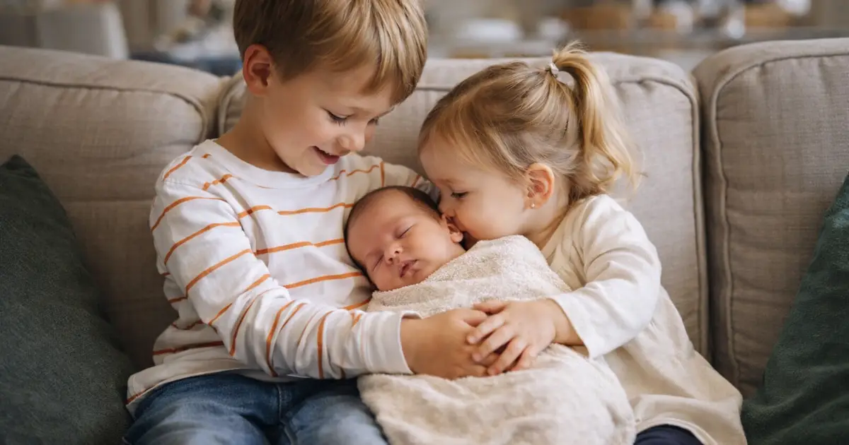 Troje djece različite dobi sjedi zajedno i drži novorođenče