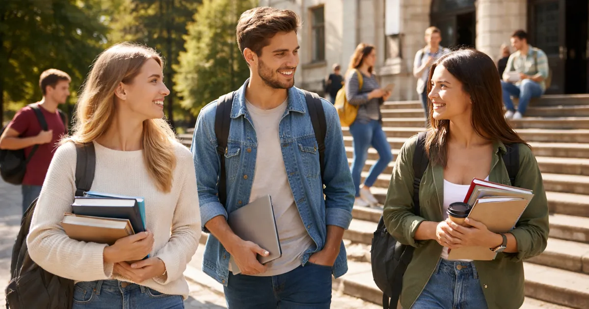 Studenti razgovaraju ispred sveučilišta tijekom sunčanog dana