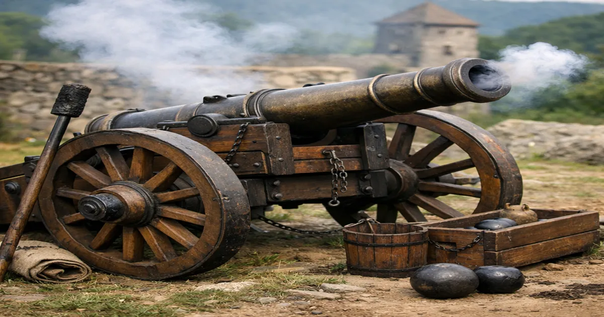 Top na otvorenom prostoru u blizini starog dvorca, ilustracija događaja