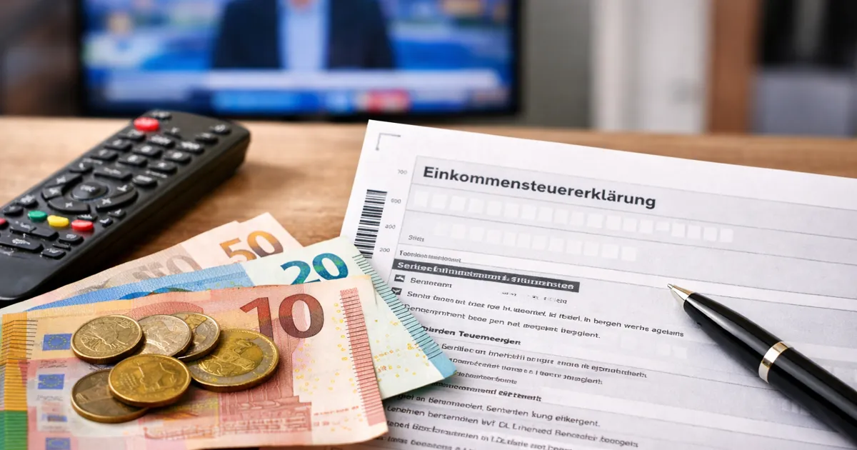 Porezna prijava u Njemačkoj s eurima, daljinskim upravljačem i televizorom u pozadini