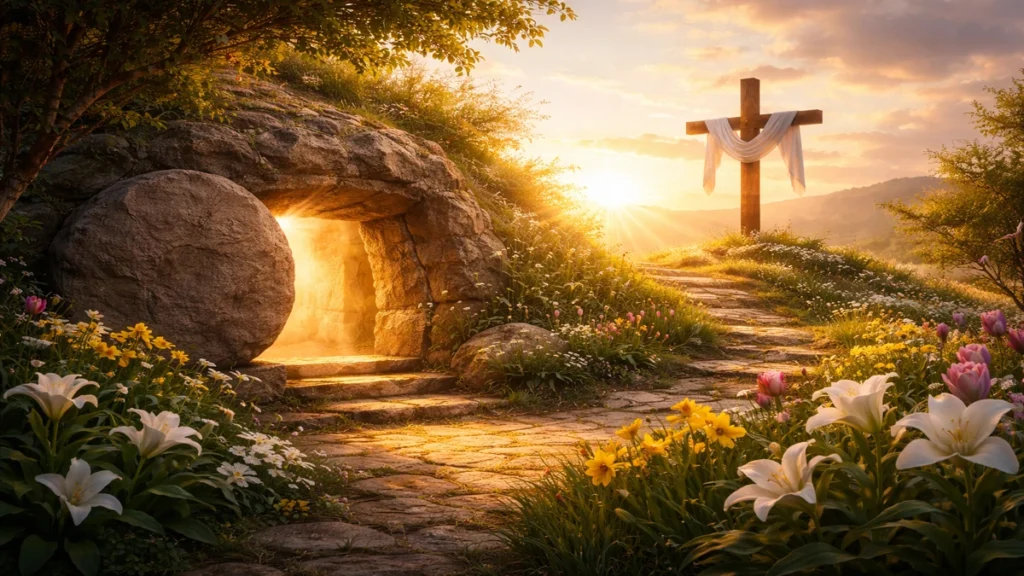 Prazan Kristov grob i križ u zoru kao simbol uskrsnuća