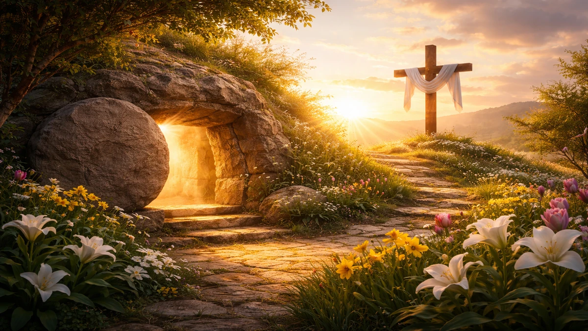 Prazan Kristov grob i križ u zoru kao simbol uskrsnuća