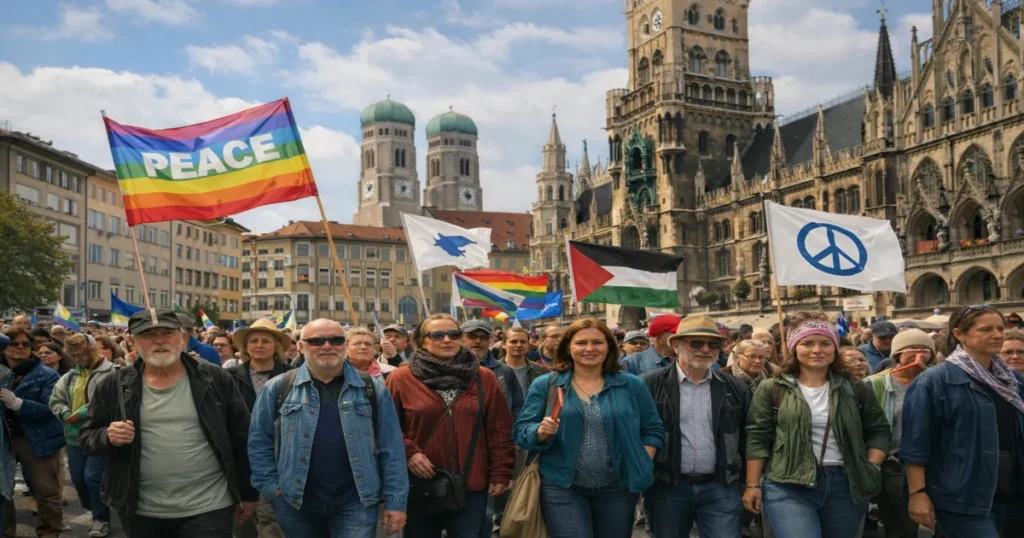 Prosvjed građana za mir na trgu u Münchenu bez natpisa i transparenata