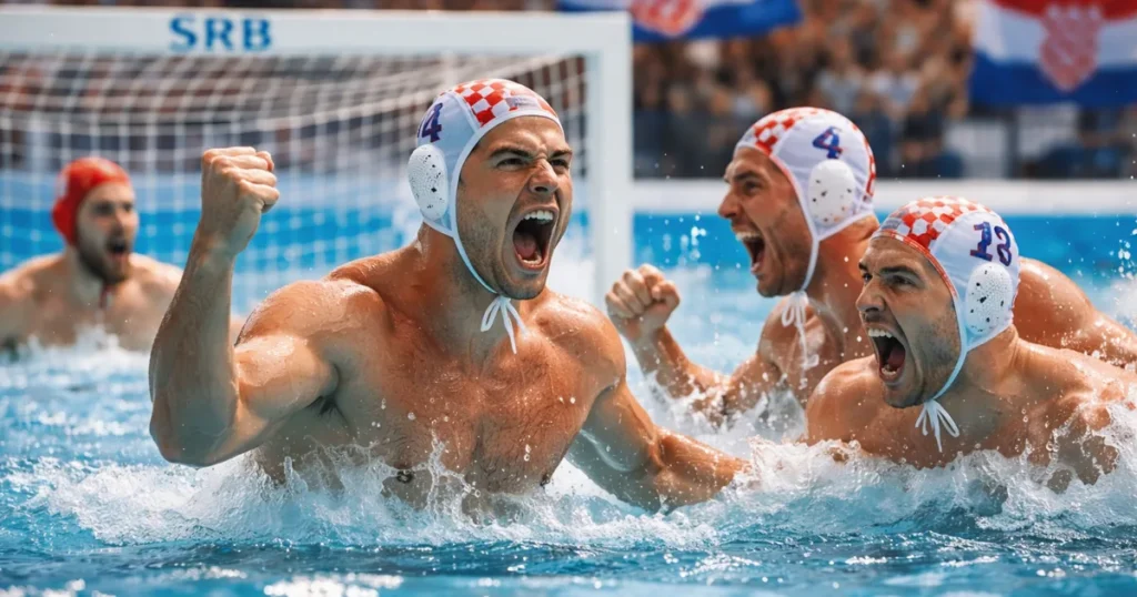 Hrvatski vaterpolisti slave pogodak tijekom utakmice protiv Srbije