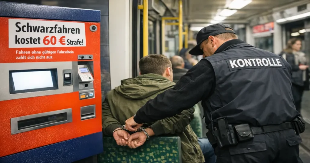 Kontrola karata u tramvaju u Njemačkoj dok inspektor provjerava putnika