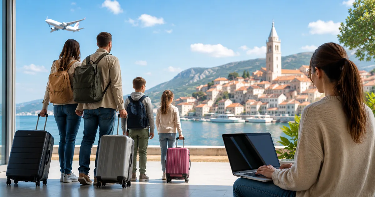 Obitelj s prtljagom promatra hrvatski obalni grad kao simbol povratka Hrvata iz inozemstva.