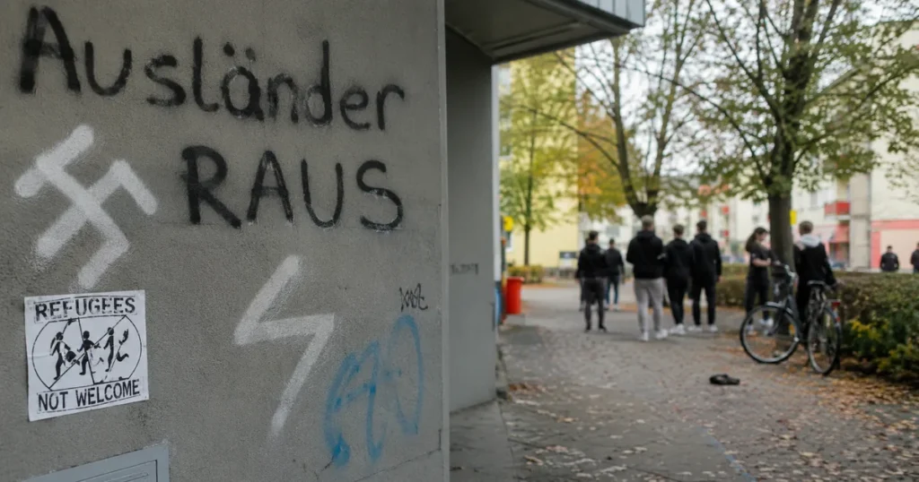 Neonacistički grafiti i mladi na ulici u berlinskom kvartu Marzahn-Hellersdorf