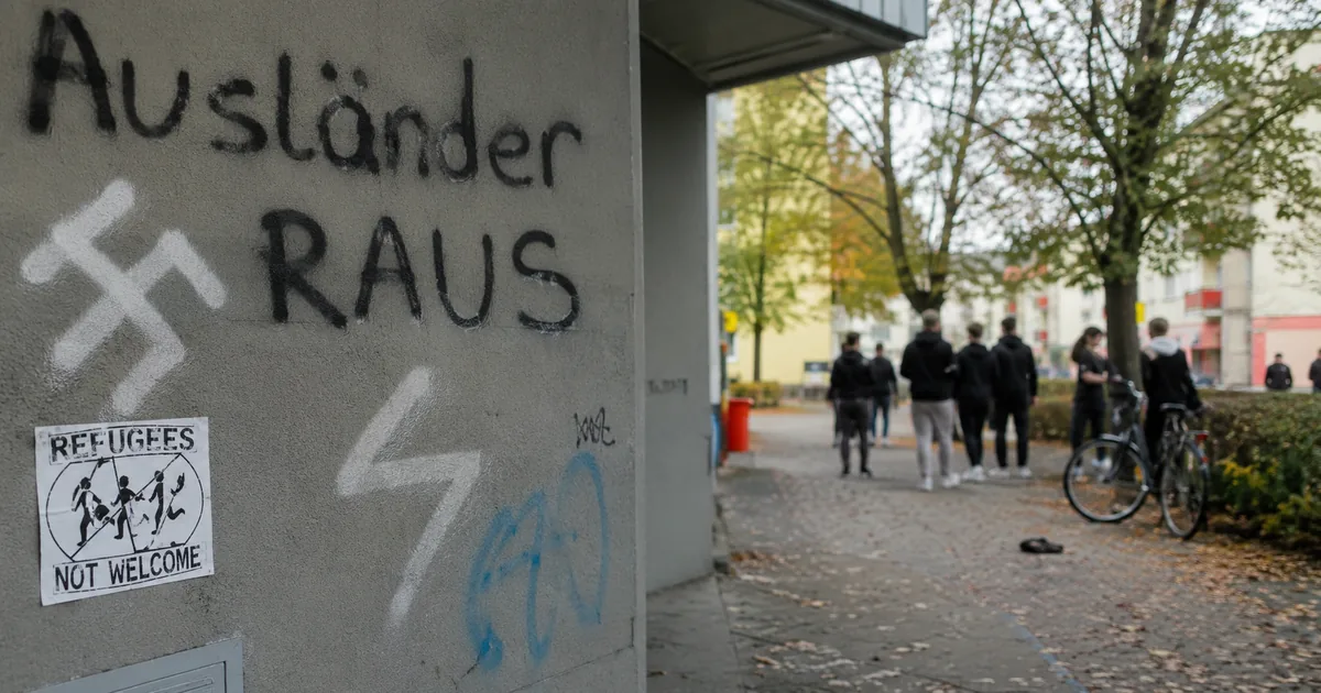 Neonacistički grafiti i mladi na ulici u berlinskom kvartu Marzahn-Hellersdorf