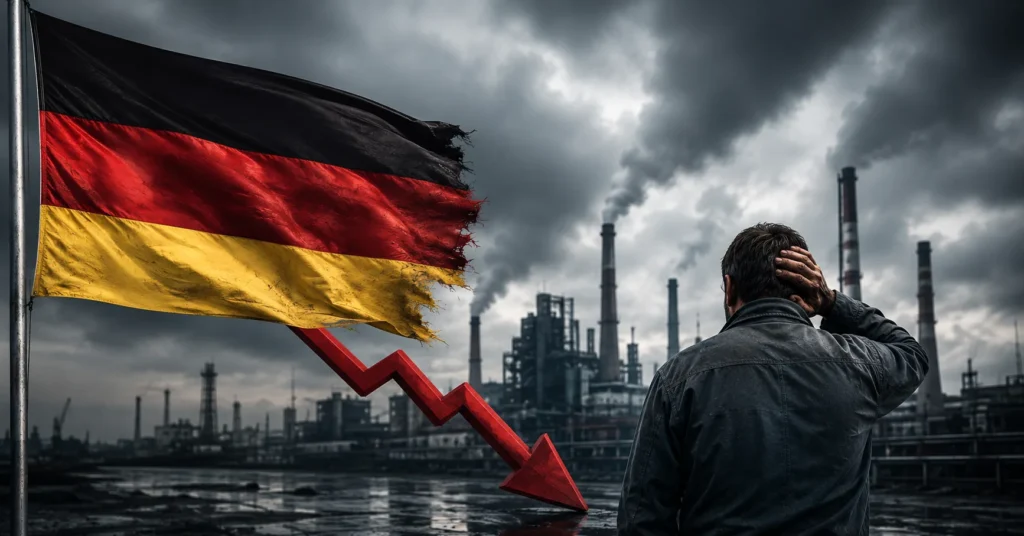 Ilustracija prikazuje zabrinutog muškarca ispred njemačke industrijske zone dok crvena strelica simbolizira pad zaposlenosti i gospodarske probleme.