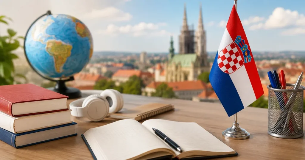 Stol za učenje hrvatskog jezika uz hrvatsku zastavu i pogled na Zagreb