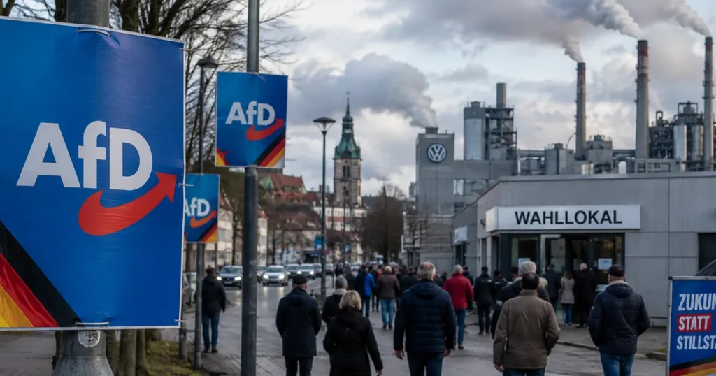 Predizborni plakati AfD-a uz industrijski pogon i biračko mjesto u Njemačkoj.