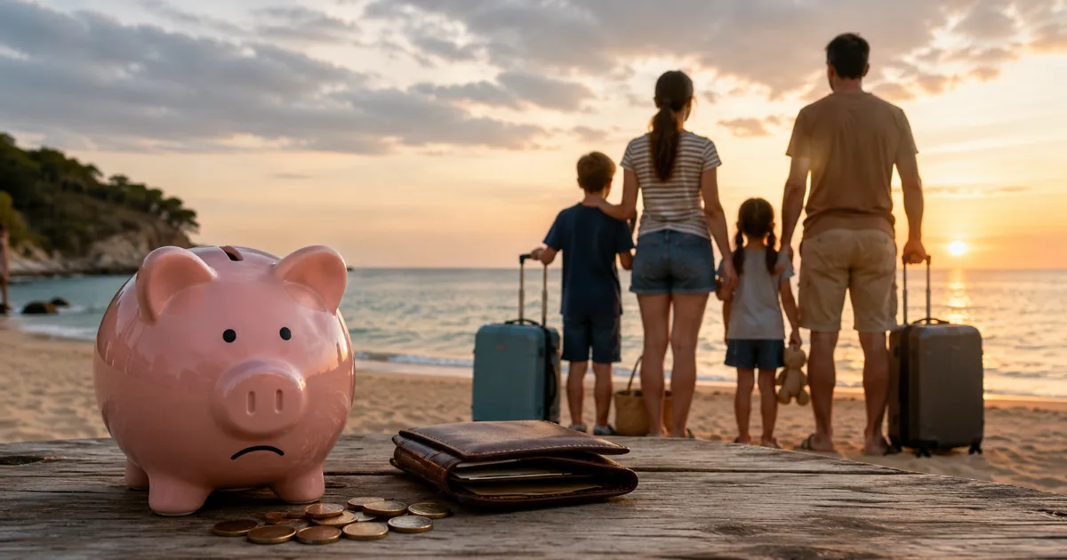 Obitelj na plaži tijekom zalaska sunca i kasica-prasica kao simbol financijskih poteškoća za godišnji odmor.