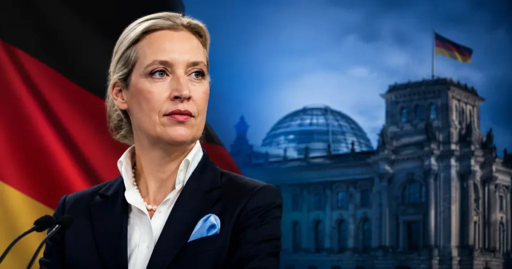 Alice Weidel ispred njemačke zastave i zgrade Reichstaga u Berlinu