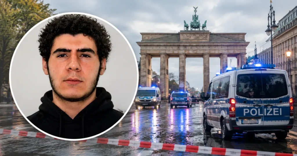 Portret osumnjičenog Abdul B. u kružnom okviru ispred policijske blokade kod Brandenburških vrata u Berlinu.