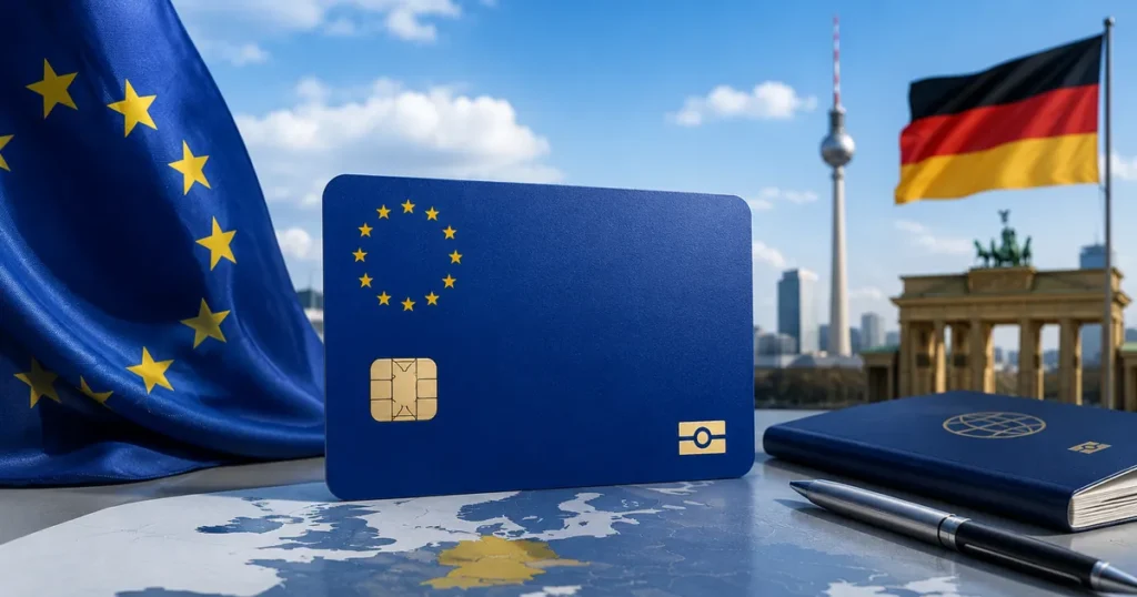 Plava karta Europske unije ispred zastava Europske unije i Njemačke, s motivima Berlina u pozadini.