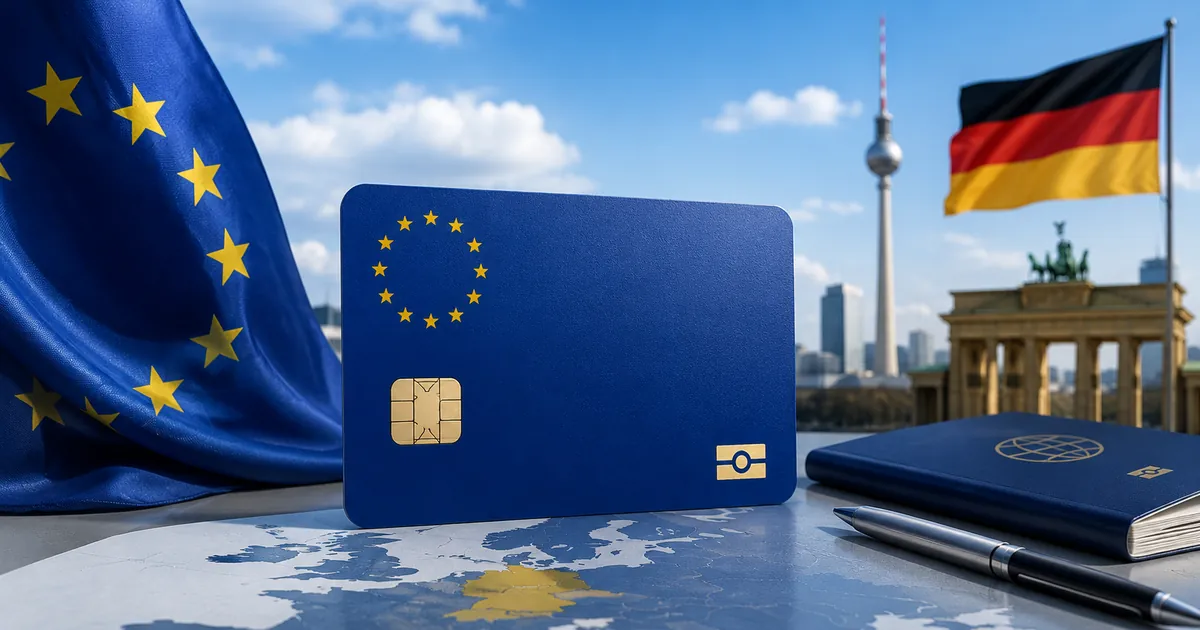Plava karta Europske unije ispred zastava Europske unije i Njemačke, s motivima Berlina u pozadini.