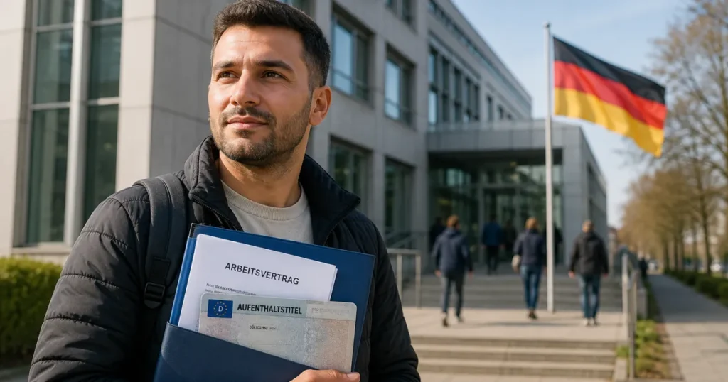 Osoba ispred njemačke administrativne zgrade s dokumentima za zaposlenje i boravišnu dozvolu prema Westbalkanregelung.