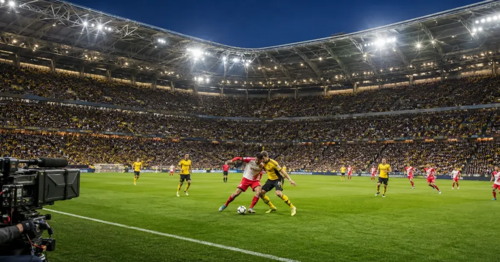Prepuni stadion Bundeslige tijekom utakmice uz televizijsku kameru pokraj terena