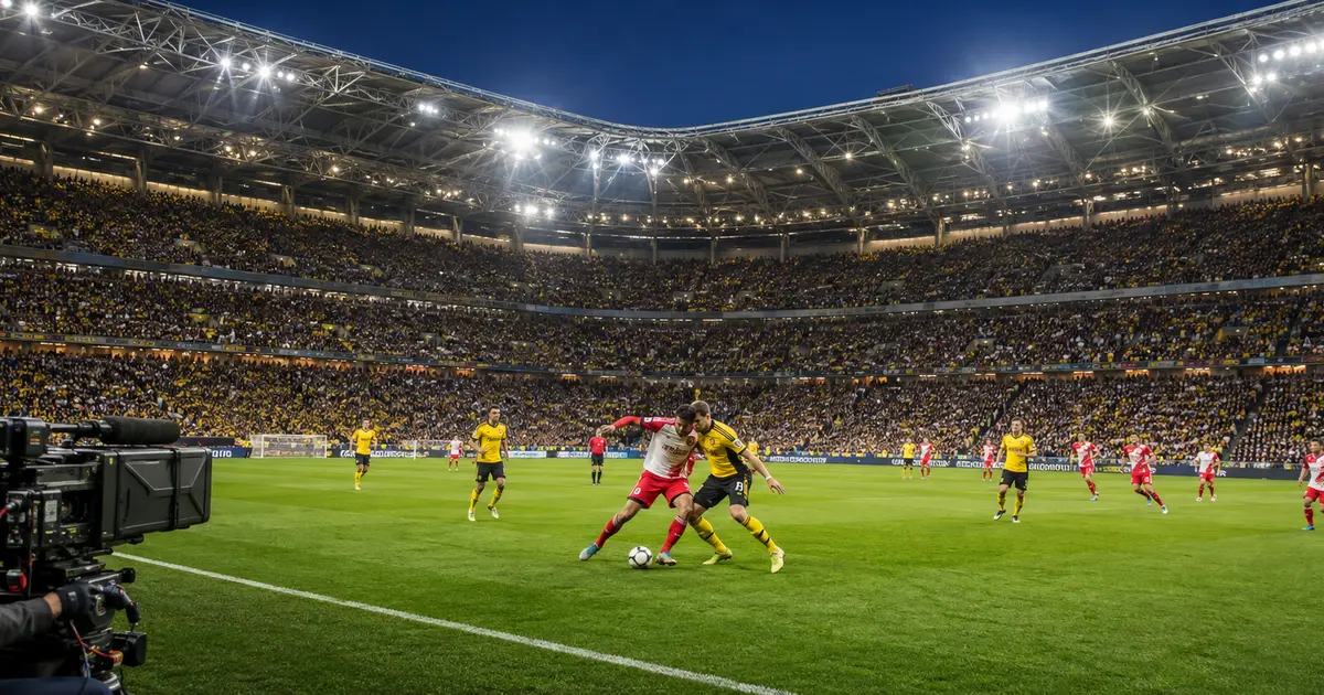 Prepuni stadion Bundeslige tijekom utakmice uz televizijsku kameru pokraj terena