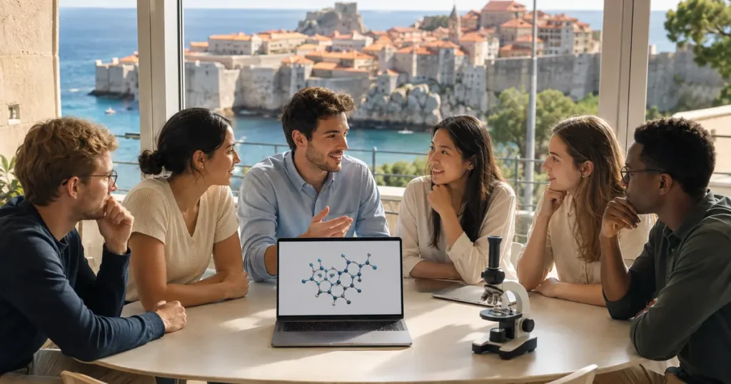 Mladi istraživači razgovaraju uz mikroskop i prikaz molekularne strukture, s Dubrovnikom u pozadini.