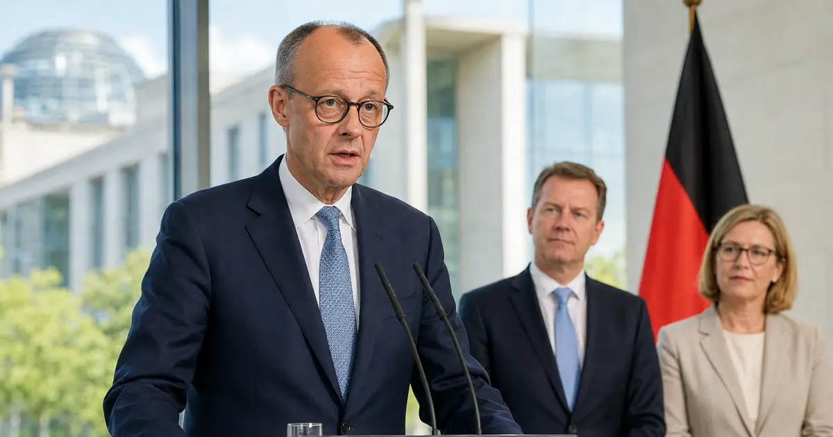Friedrich Merz govori o reformama njemačke vlade pred članovima kabineta i njemačkom zastavom