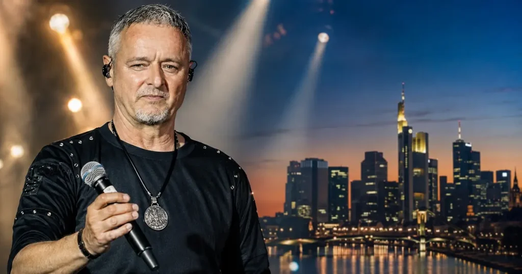 Marko Perković Thompson s mikrofonom ispred panorame Frankfurta