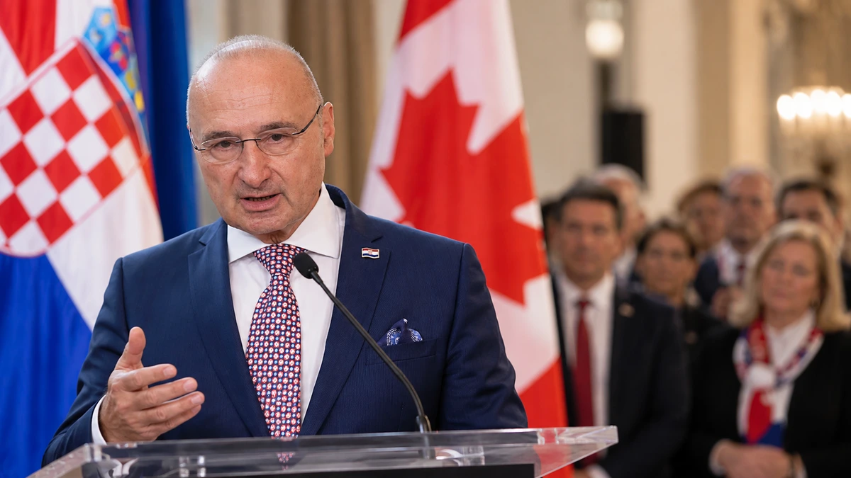Gordan Grlić Radman govori hrvatskoj zajednici u Kanadi uz hrvatsku i kanadsku zastavu