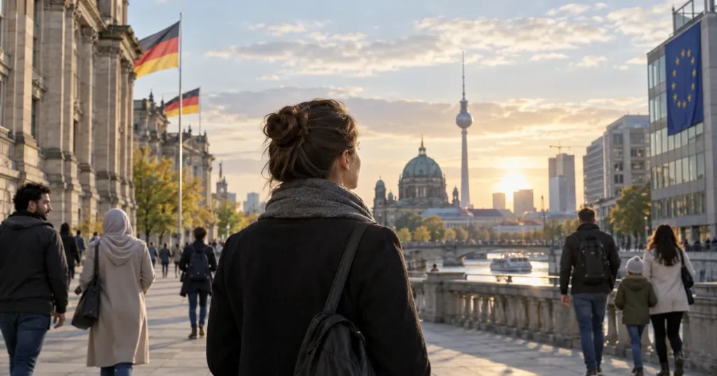 Berlin, njemačke i europske zastave te ljudi različitog podrijetla u ilustraciji o politici, migrantima i budućnosti Europe